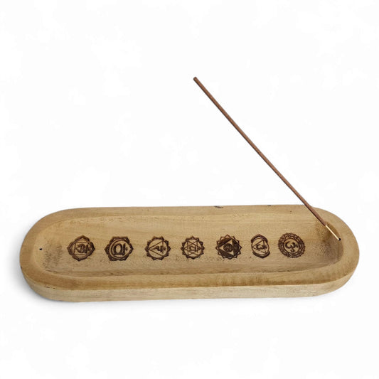 Wooden Chakra Incense Holder – Handcrafted Ash Catcher for Stick Incense | 7 Chakra Symbols Burner | Meditation & Spiritual Decor
