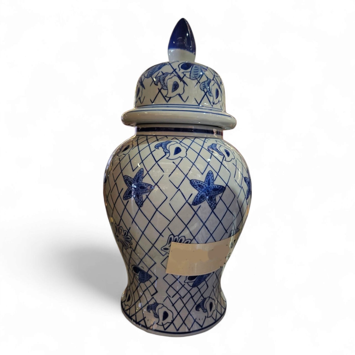 20" Porcelain Olokun Jar Potiche for Santería – Handcrafted Ritual Vase for Orisha Offering & Spiritual Altars – Eleggua, Yemaya, Ocean Deity Decor (Deep Sea Shells – Blue Glossy with White Shells)