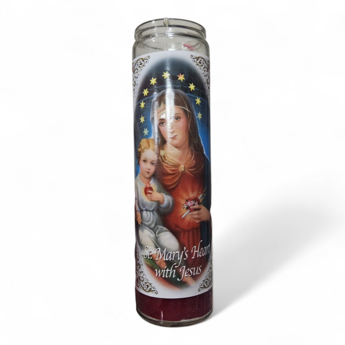 Prayer Candle 7 Day St Mary's Hear with Jesus 8" Vela de St Maria con Corazón de Jesús Unscented Pillar Candle in Glass