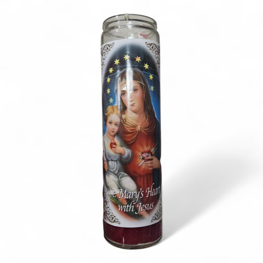 Prayer Candle 7 Day St Mary's Hear with Jesus 8" Vela de St Maria con Corazón de Jesús Unscented Pillar Candle in Glass