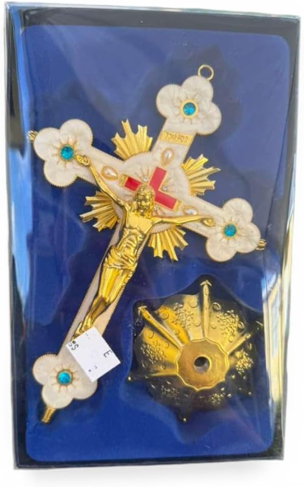 Aura Zen Store Crucifix 9 Inch Desk - Wall Cross with Stand Base - Gold & White Catholic with Jesus 