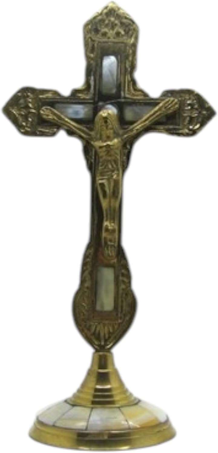 Saint Benedict Jesus Cross, Medium Gold Cross with Marble-Like Pedestal - Cruz San Benito