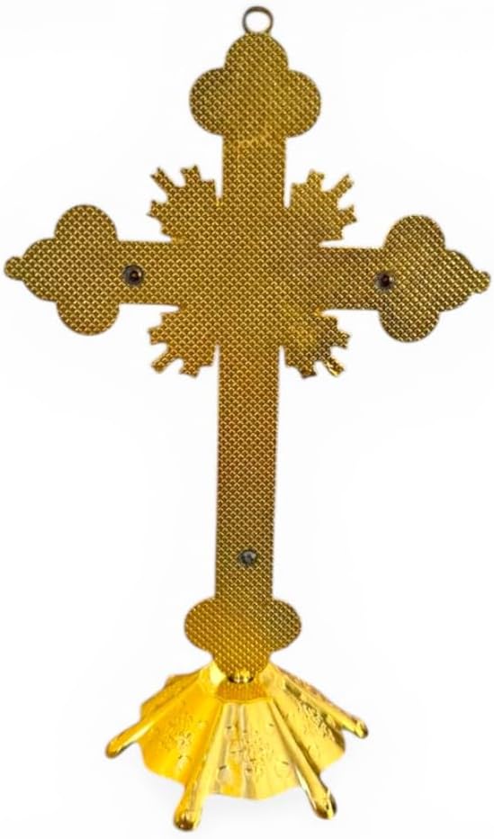 Aura Zen Store Crucifix 9 Inch Desk - Wall Cross with Stand Base - Gold & White Catholic with Jesus 