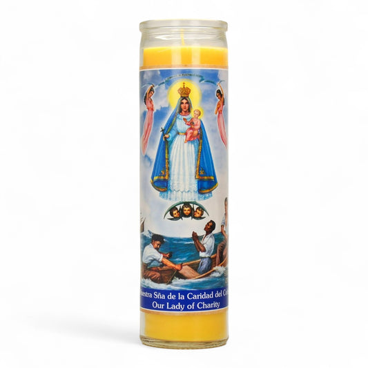 Prayer Candle 7 Day Our Lady of Charity 8" Vela de Virgen de la Caridad del Cobre Unscented Pillar Candle in Glass