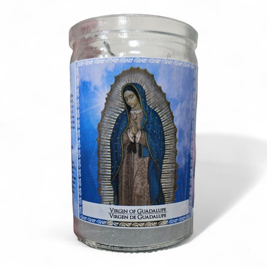 Prayer Candle 28 Hours Virgin of Guadalupe 3.5" inch Vela de Virgen de Guadalupe Unscented Pillar Candle in Glass