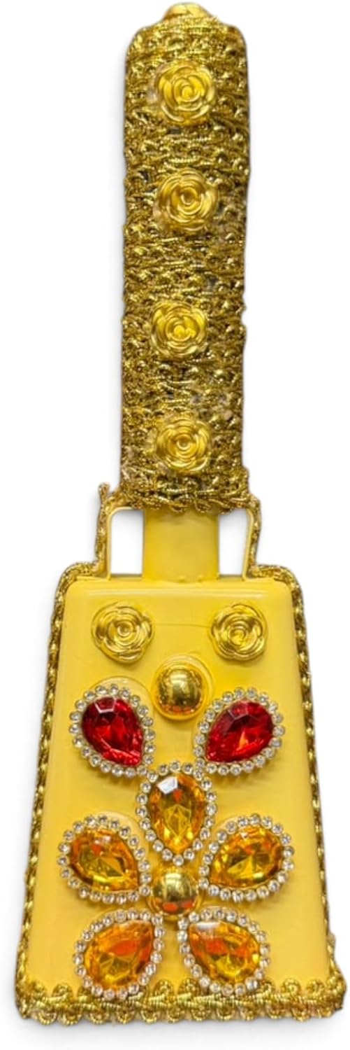 Decorated Oshun Cowbell Cencerro with Handle - Yellow and Gold Yoruba Santeria Spiritual Altar Bell
