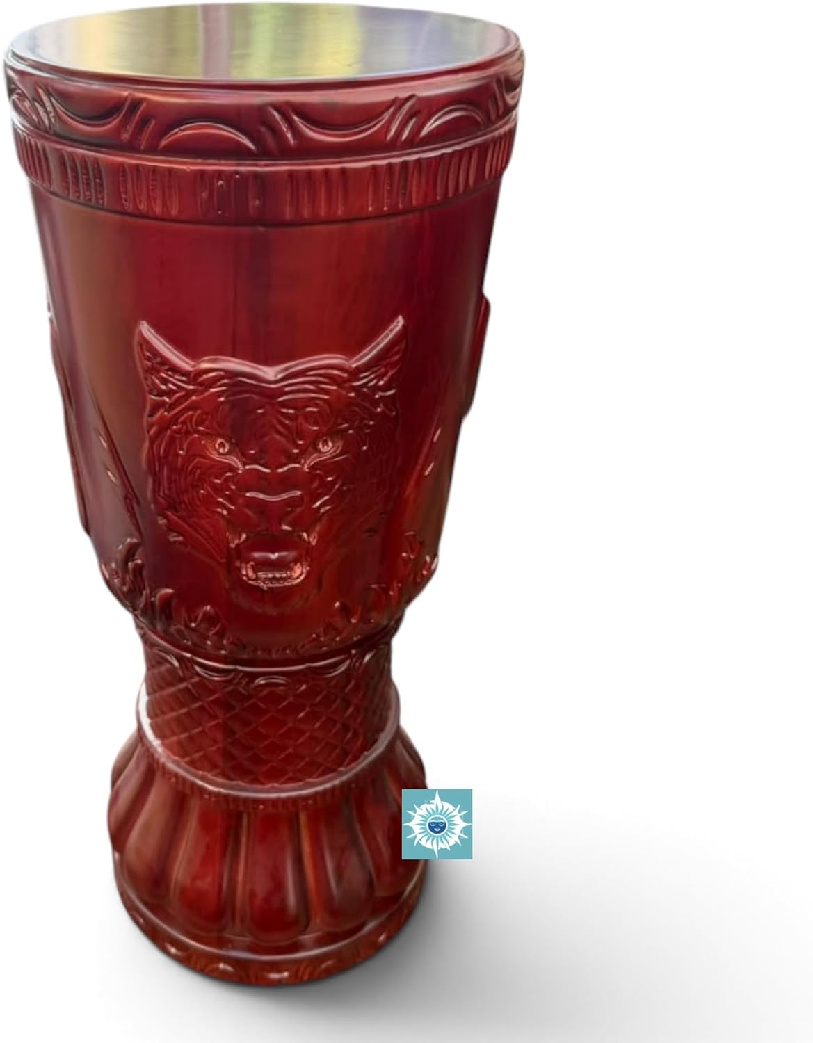 22-Inch Wooden Pilon Pedestal with Tiger Design – Yoruba Santeria Spiritual Altar Stand, Large Decor