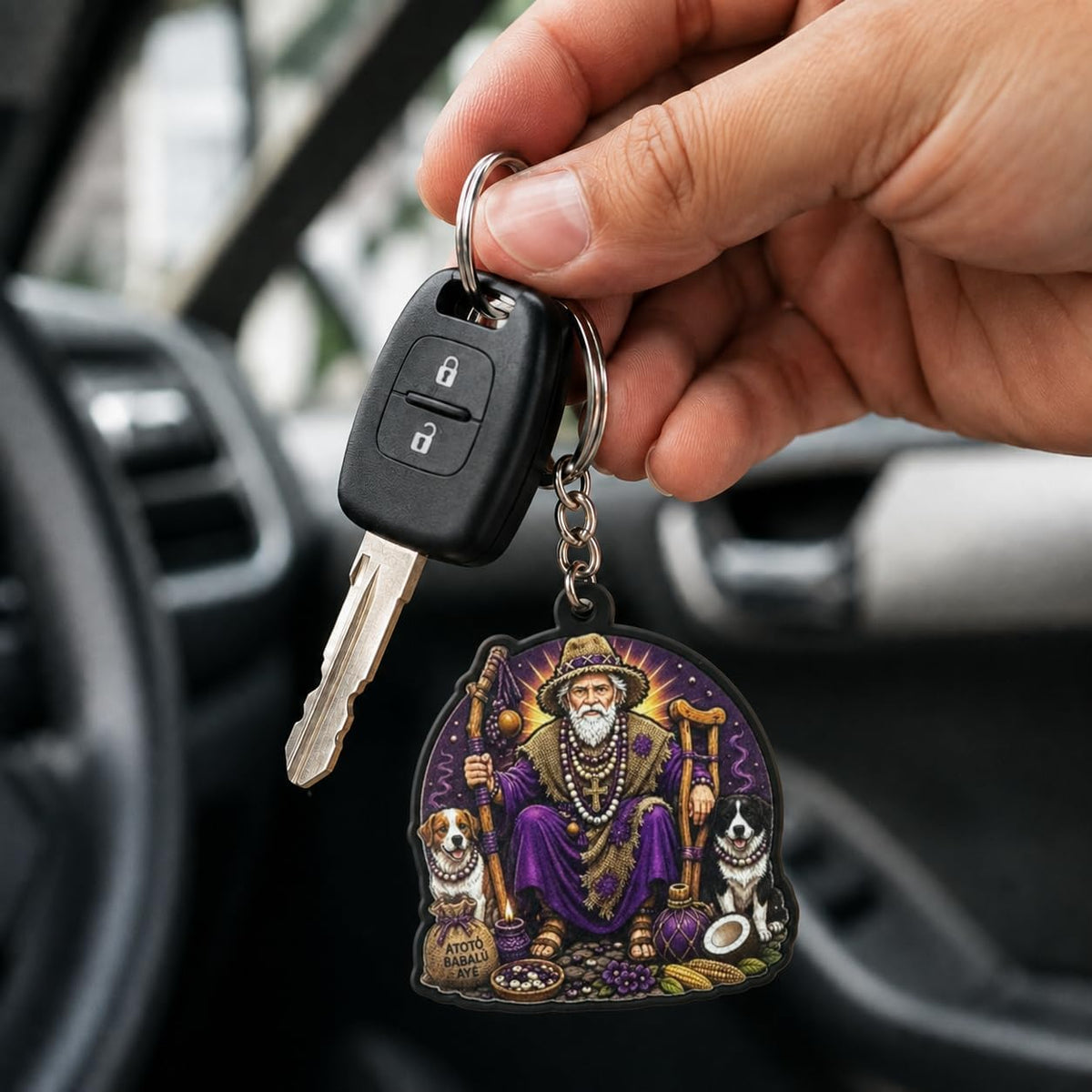 Elegua Keychain Spiritual Protection Amulet - Llavero Round Santeria Yoruba Religious Gift Key Ring 