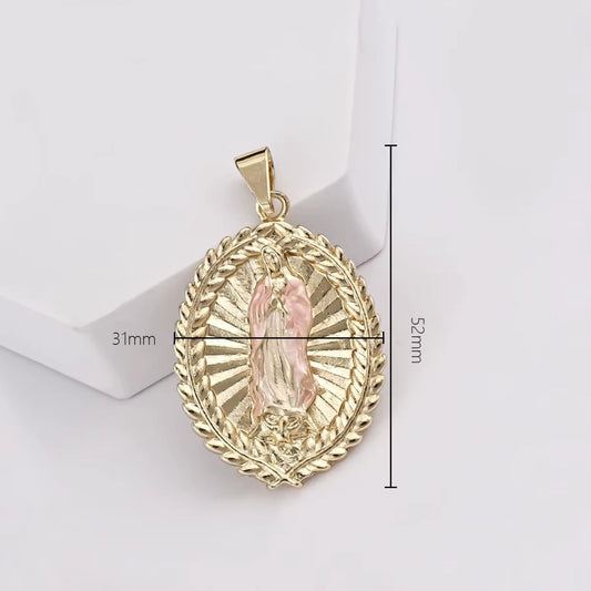 14K Oro Laminado Virgen de Guadalupe Dije, Three Tone Catholic Religious Pendant Charm, Virgin Mary 