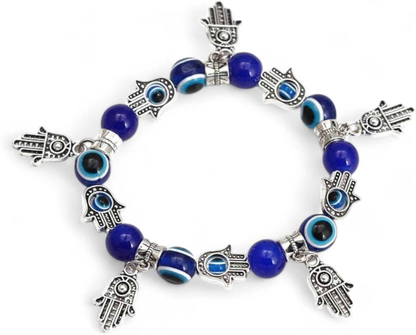 8mm Evil Eye Hamsa Hand Protection Bracelet - Blue Beads & Silver Charms