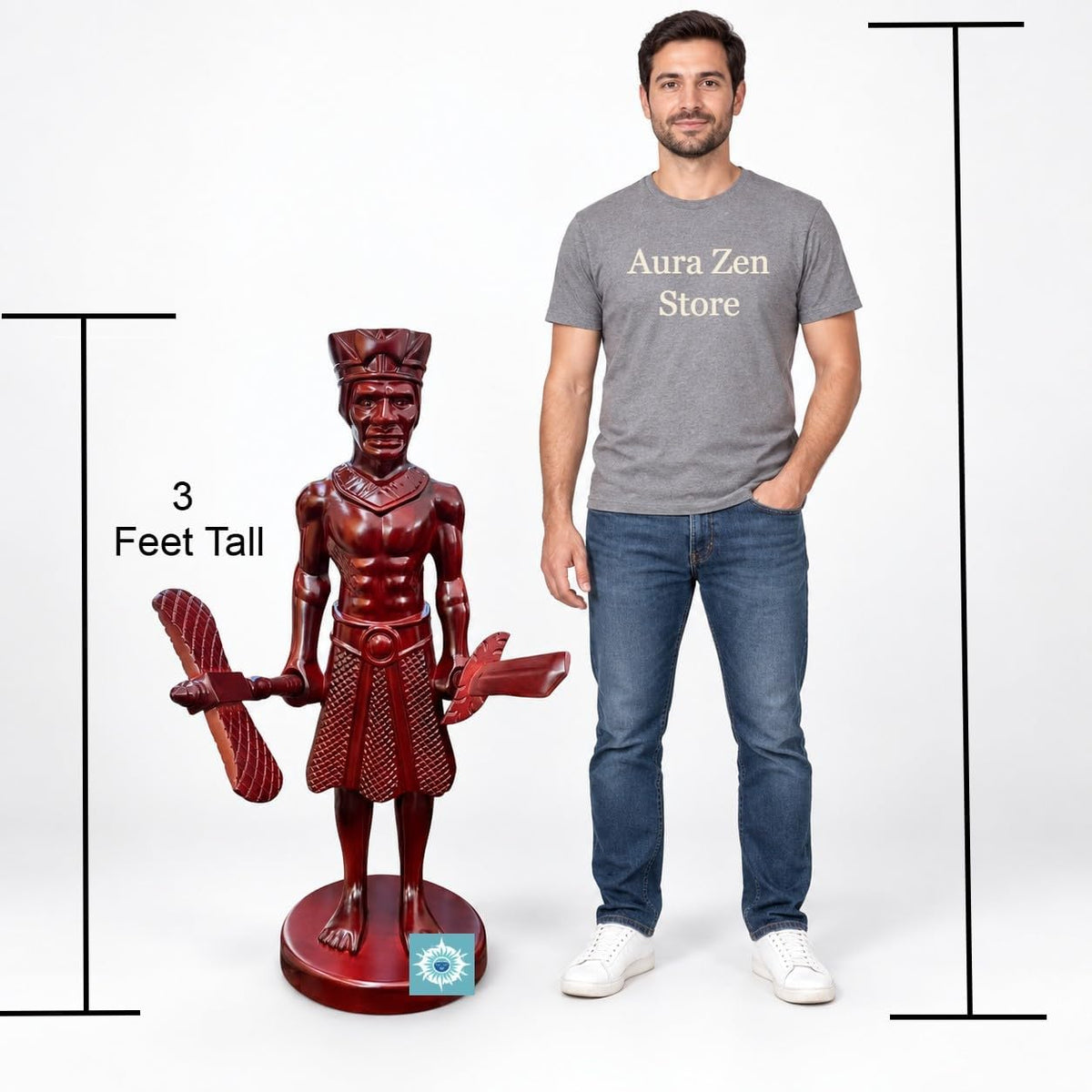 36-Inch Chango Pedestal Statue – Yoruba Santeria Spiritual Altar Stand with Sword & Axe, Hand-Carved