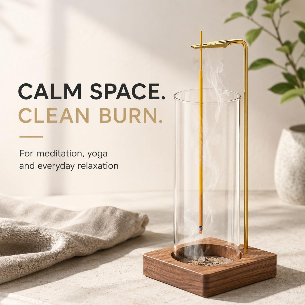 Incense Stick Holder with Ash Catcher, Removable Glass Cylinder and Wooden Base, Mess-Free Incense B