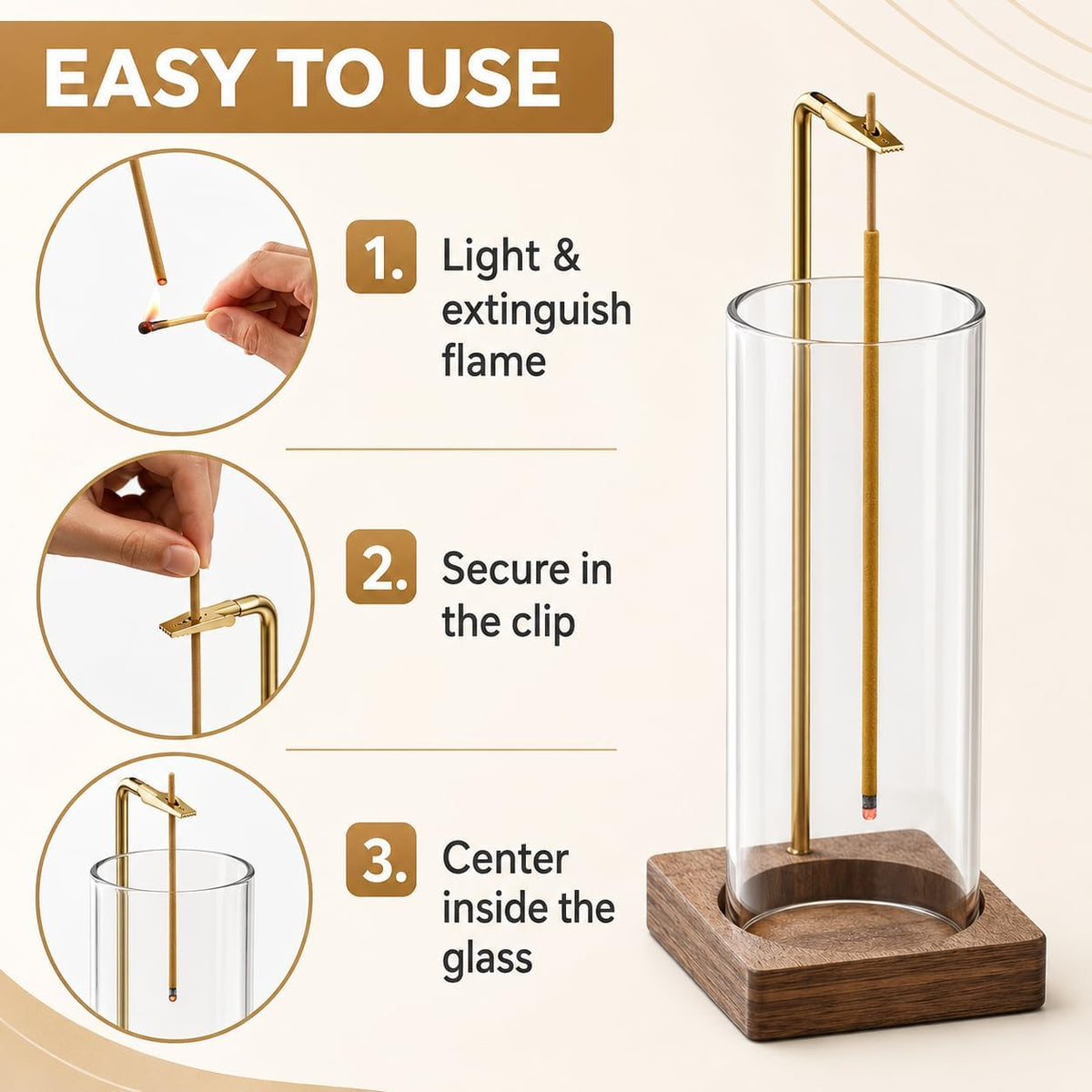 Incense Stick Holder with Ash Catcher, Removable Glass Cylinder and Wooden Base, Mess-Free Incense B