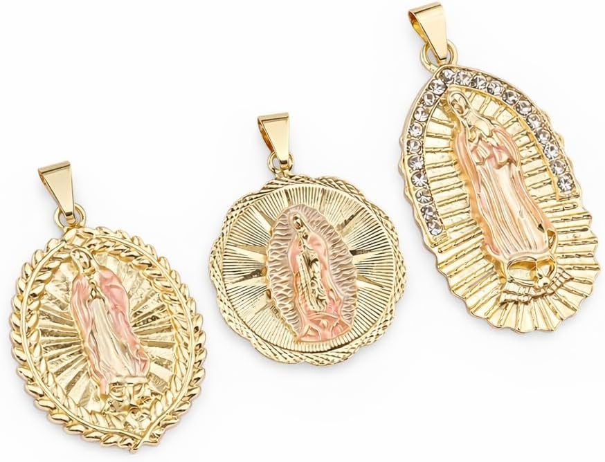 14K Oro Laminado Virgen de Guadalupe Dije, Three Tone Catholic Religious Pendant Charm, Virgin Mary 
