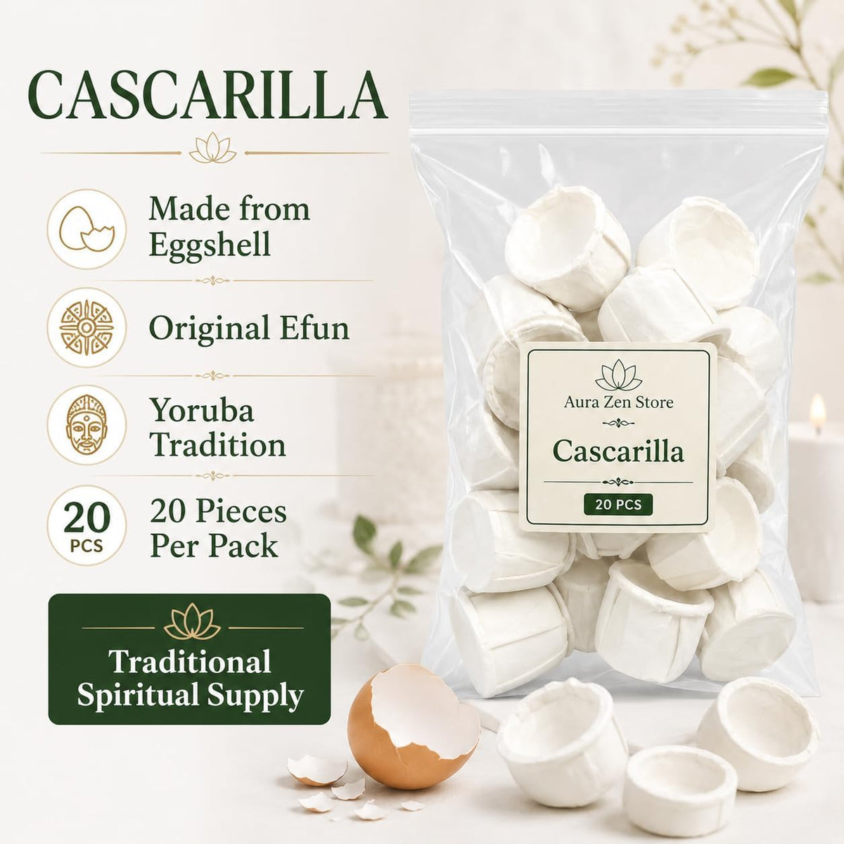 Cascarilla 20 PCS – Original Efun Spiritual Supply Made from Eggshell, Traditional Yoruba & Afro-Car