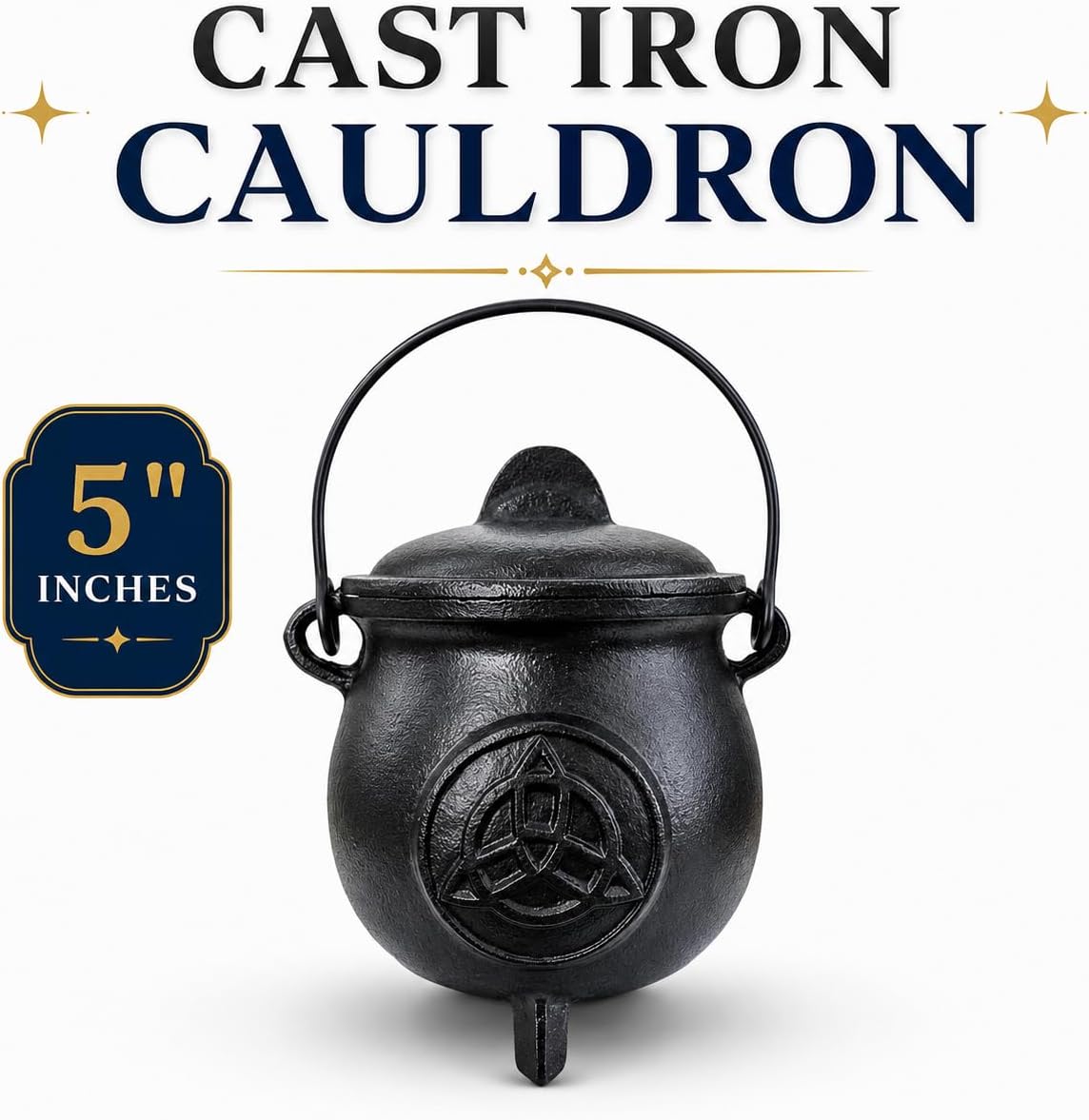 5" Cast Iron Cauldron with Lid and Handle | Ritual Cauldron for Altar, Incense, Charcoal, Herbs, Wit