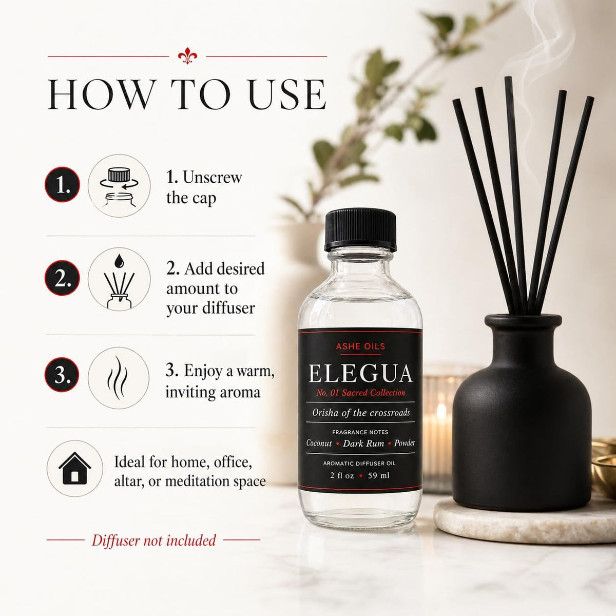 ELEGUA Aromatic Diffuser Oil, Coconut Fragrance, 2 fl oz / 59 ml, Sacred Collection Home Fragrance O
