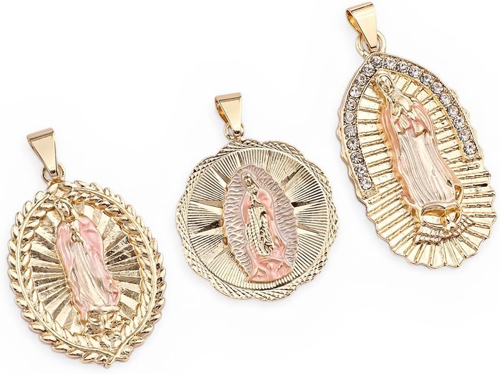 14K Oro Laminado Virgen de Guadalupe Dije, Three Tone Catholic Religious Pendant Charm, Virgin Mary 