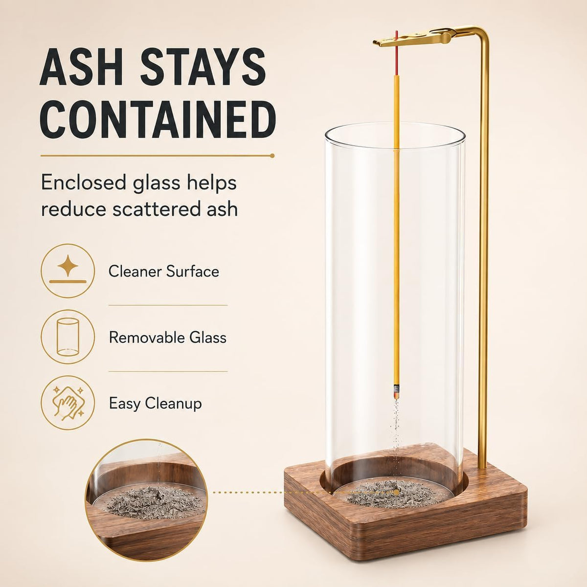 Incense Stick Holder with Ash Catcher, Removable Glass Cylinder and Wooden Base, Mess-Free Incense B