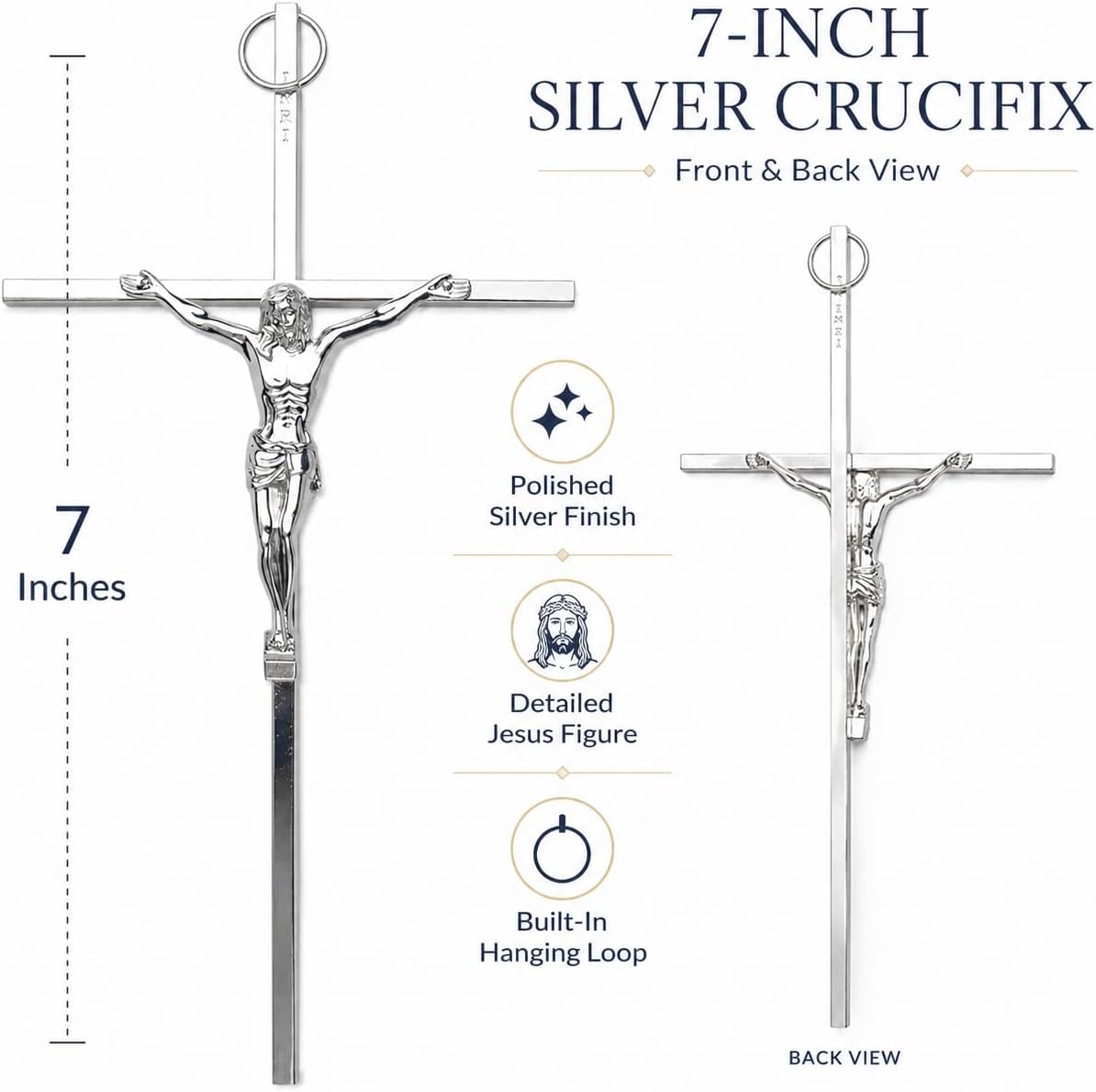 Aura Zen Store Silver Metal Crucifix 7" | Catholic Jesus Wall Cross for Home, Prayer, Funeral & Coff