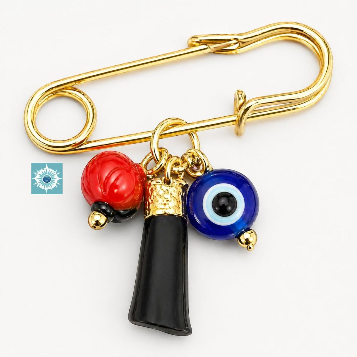 Azabache Pin & Peony Evil Eye Brooch Protection Spiritual Charm Metal Brooch