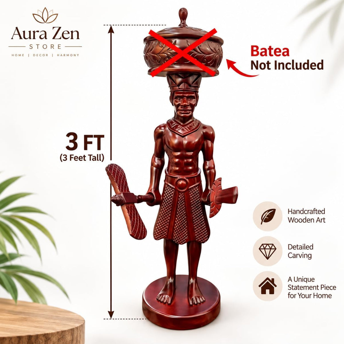 36-Inch Chango Pedestal Statue – Yoruba Santeria Spiritual Altar Stand with Sword & Axe, Hand-Carved