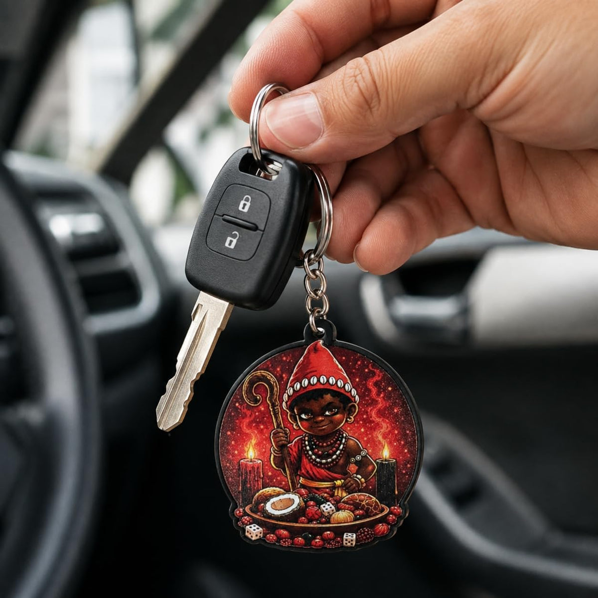 Elegua Keychain Spiritual Protection Amulet - Llavero Round Santeria Yoruba Religious Gift Key Ring 