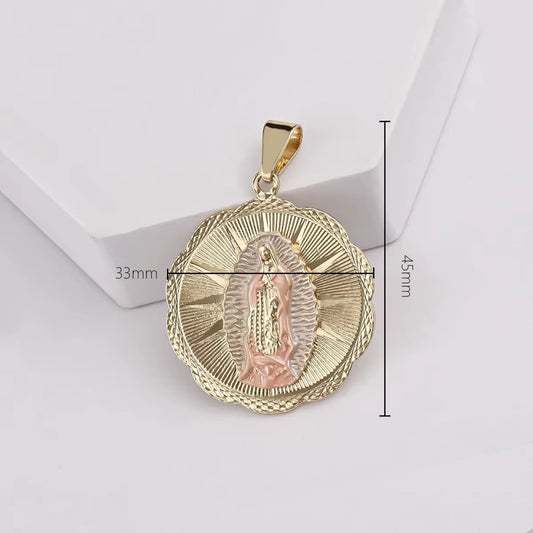 14K Oro Laminado Virgen de Guadalupe Dije, Three Tone Catholic Religious Pendant Charm, Virgin Mary 