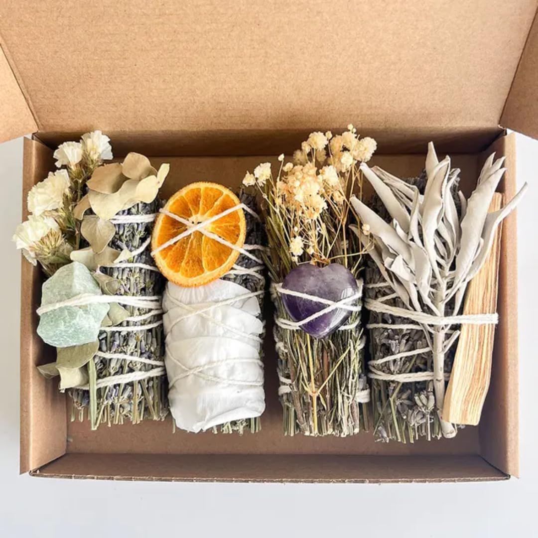 Spiritual Smudge Kit – 4 Sage Bundles with Crystals, Palo