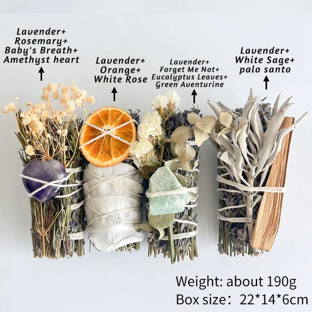 Spiritual Smudge Kit – 4 Sage Bundles with Crystals, Palo