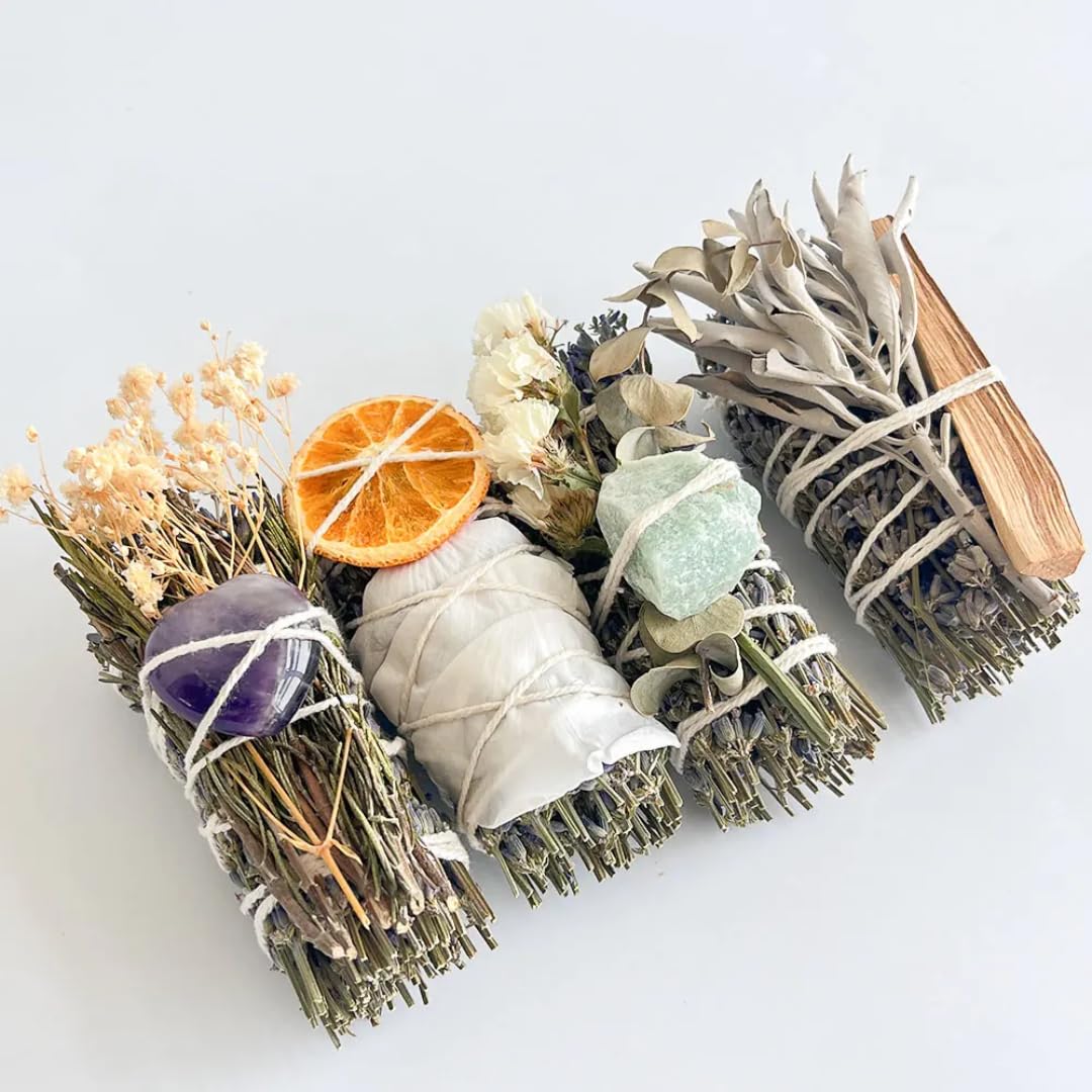 Spiritual Smudge Kit – 4 Sage Bundles with Crystals, Palo