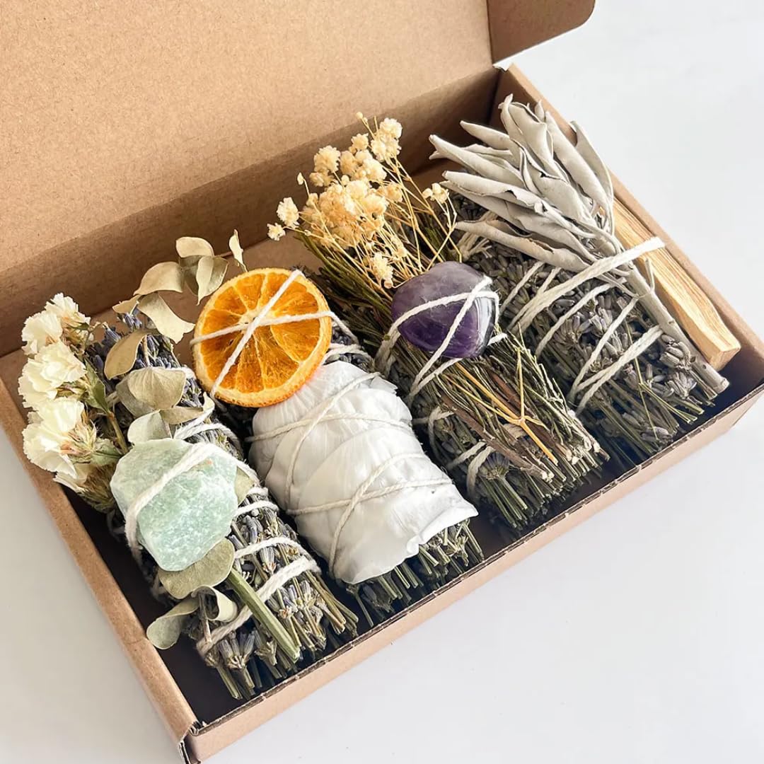 Spiritual Smudge Kit – 4 Sage Bundles with Crystals, Palo
