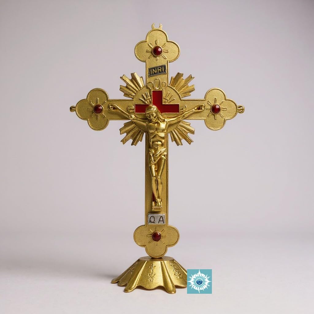 12" Gold Catholic Crucifix – Ornate Standing Cross with