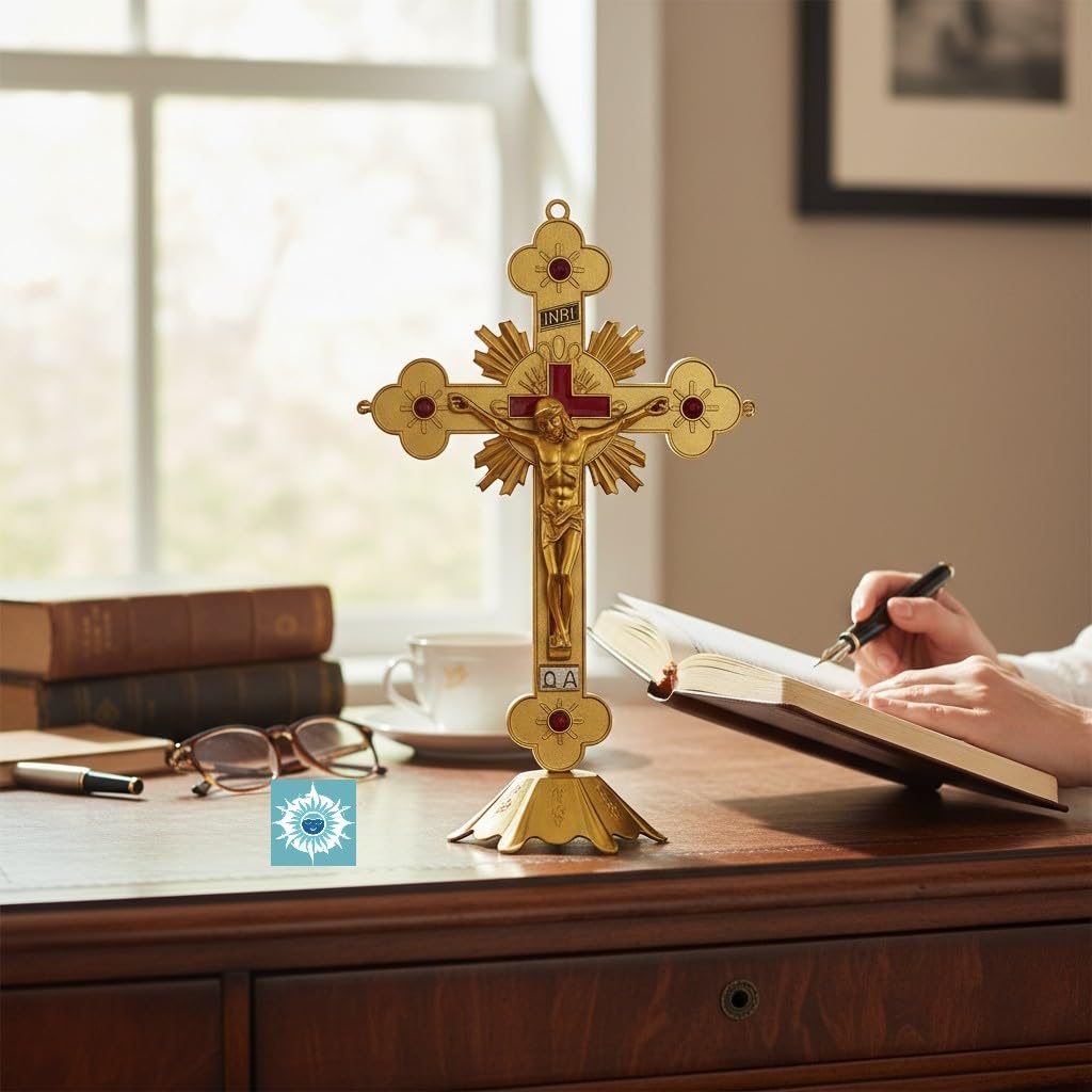12" Gold Catholic Crucifix – Ornate Standing Cross with