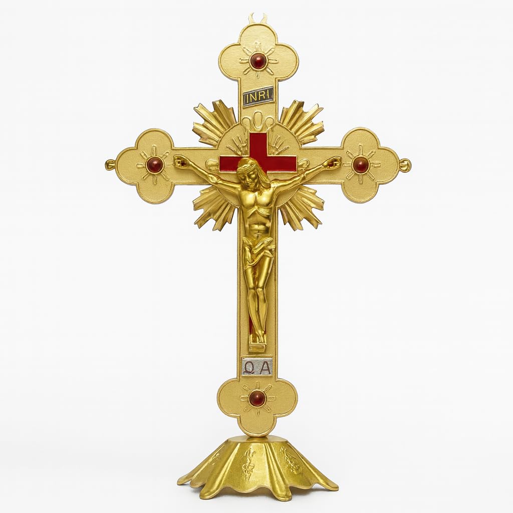 12" Gold Catholic Crucifix – Ornate Standing Cross with
