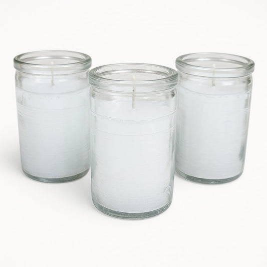 White Spiritual Candles in 3 Inch Clear Glass 24h – Velas