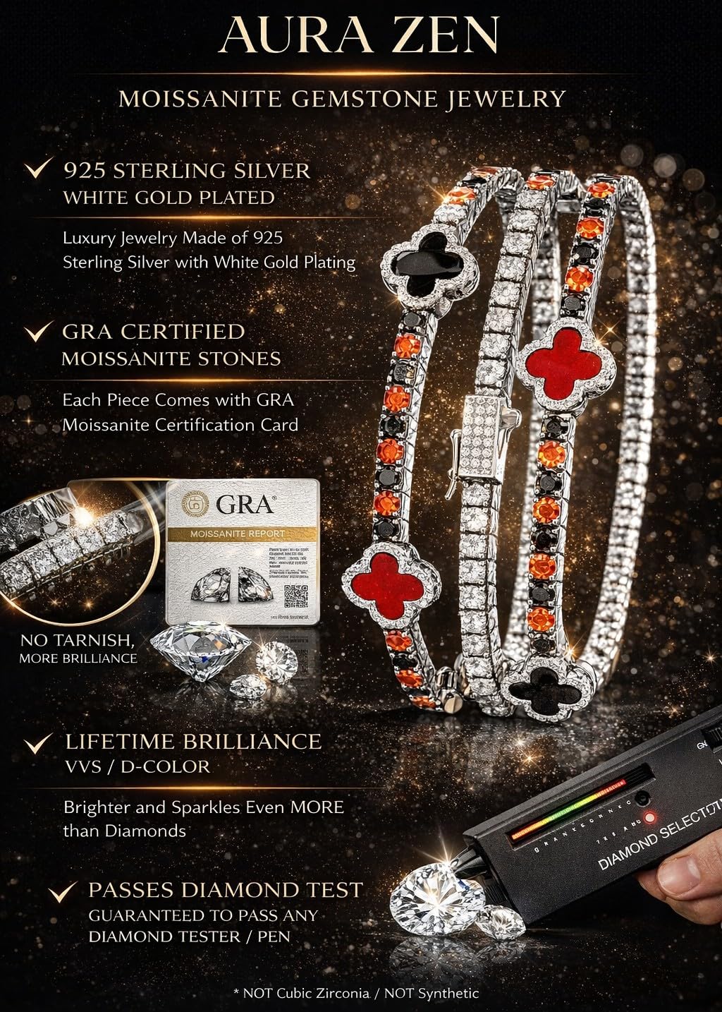 Aura Zen Moissanite Clover Tennis Bracelets 925 Sterling Silver