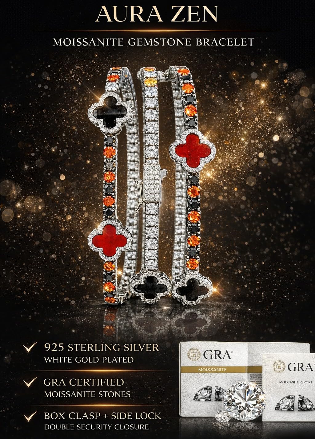 Aura Zen Moissanite Clover Tennis Bracelets 925 Sterling Silver
