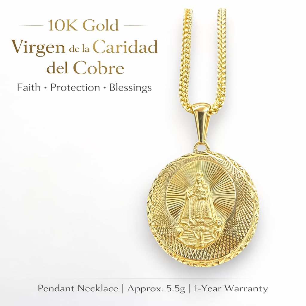Real Gold 10K Gold Virgen de la Caridad del Cobre Pendant Necklace