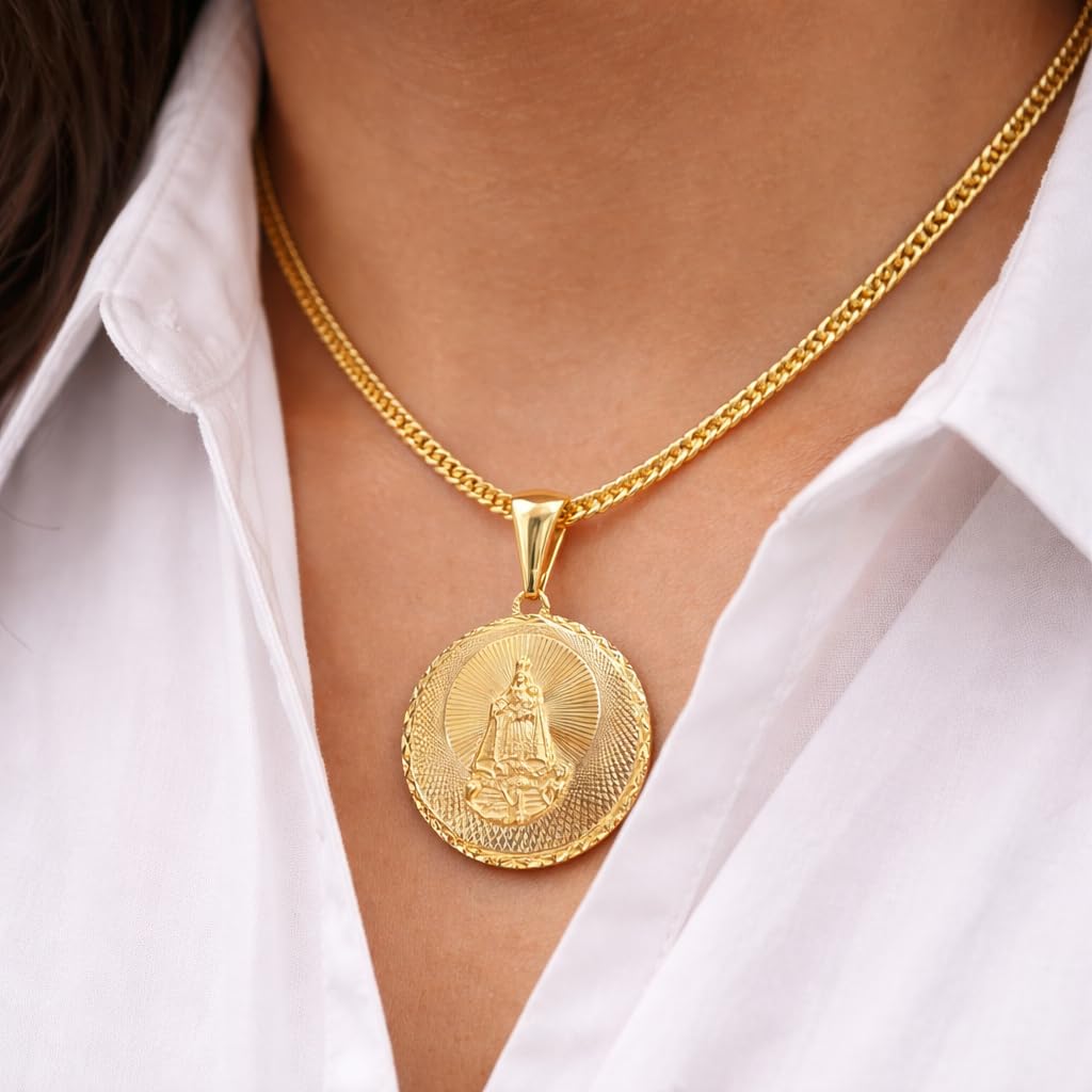 Real Gold 10K Gold Virgen de la Caridad del Cobre Pendant Necklace