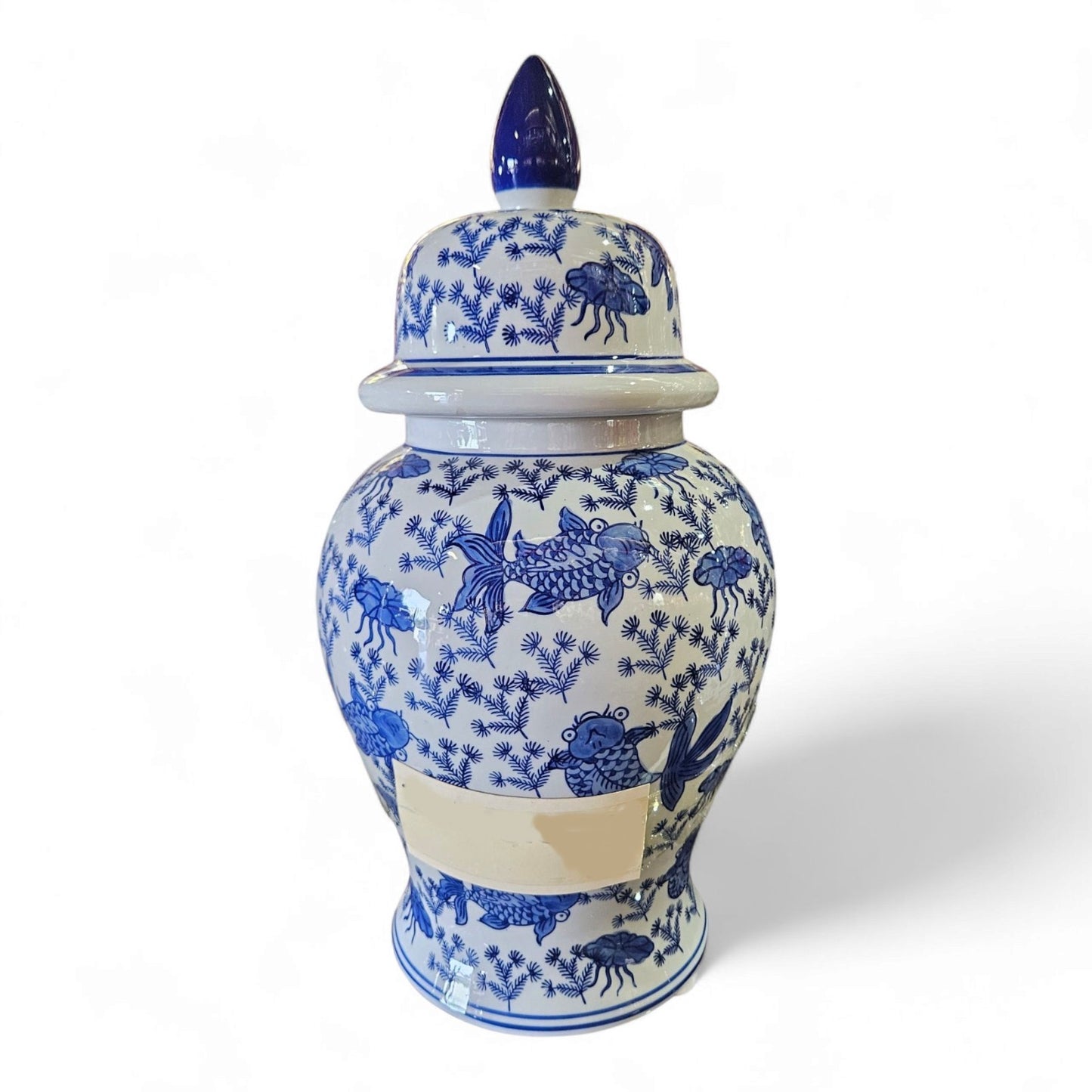 20" Porcelain Olokun Jar Potiche for Santería – Handcrafted Ritual Vase for Orisha Offering & Spiritual Altars – Eleggua, Yemaya, Ocean Deity Decor (Deep Sea Shells – Blue Glossy with White Shells)