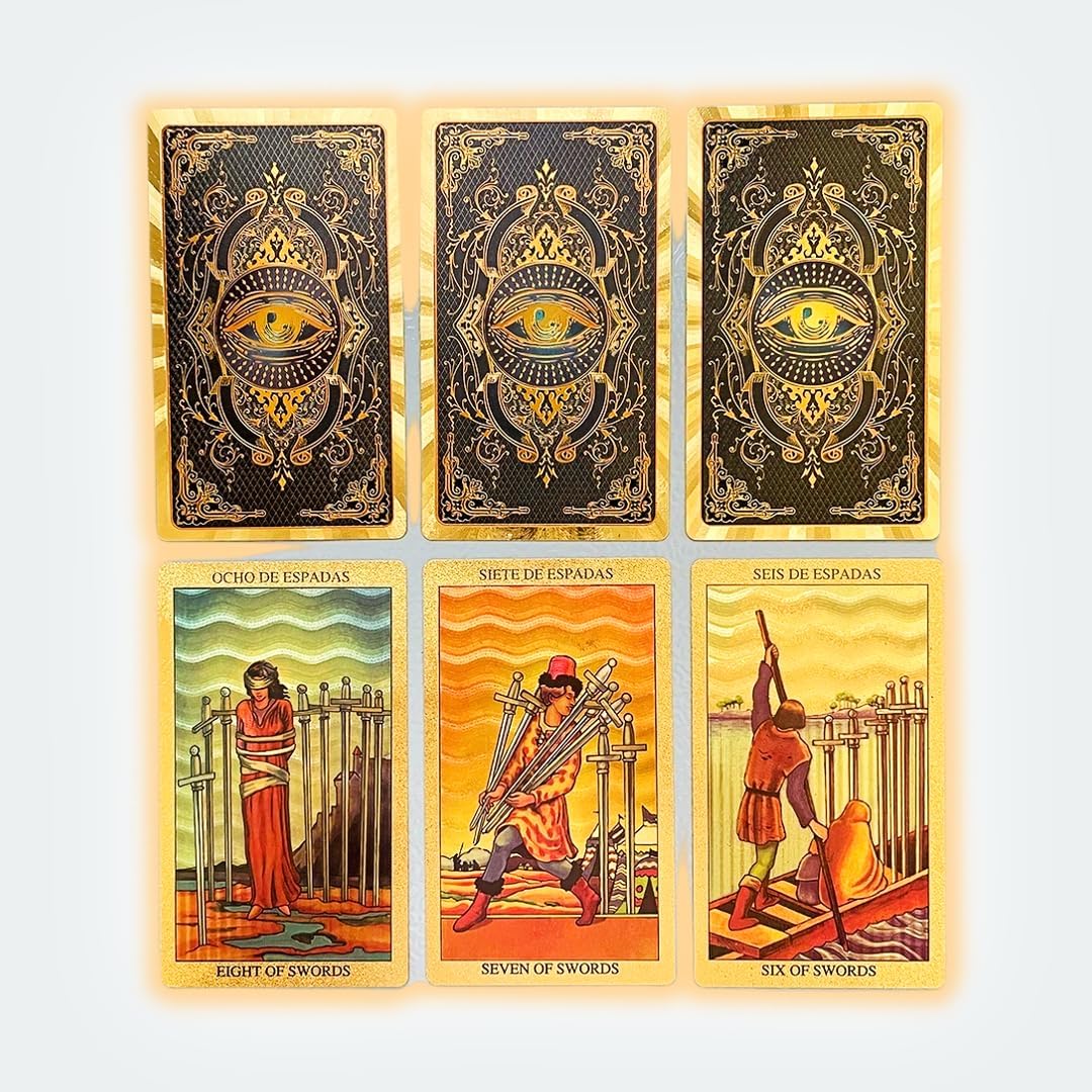 Spanish and English Golden Foil Tarot Deck with Guidebook - 78 PVC Spiritual Cards Waterproof Wrinkle Resistant