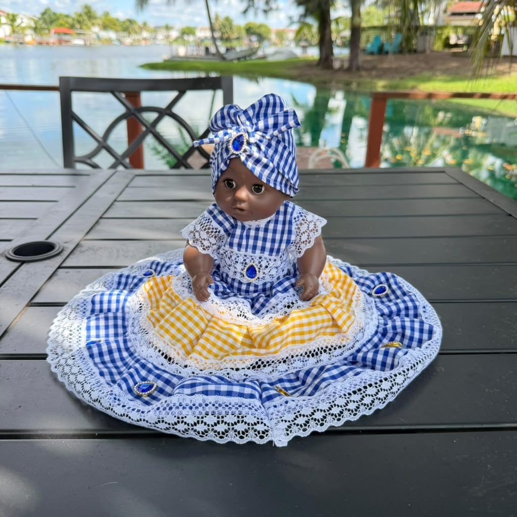 Small Muneca Conga Yoruba Spiritual Altar Decoration Santeria Style with Blue and Yellow Gingham Dre