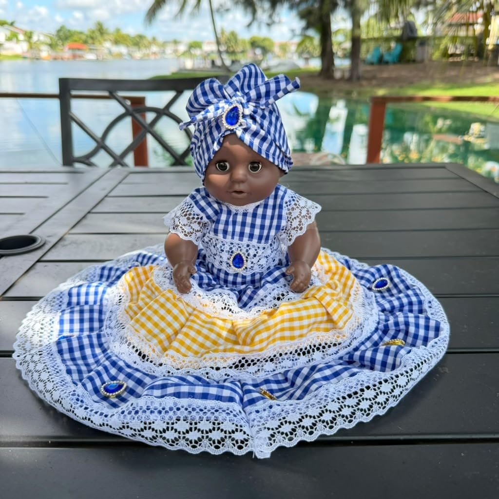 Small Muneca Conga Yoruba Spiritual Altar Decoration Santeria Style with Blue and Yellow Gingham Dre