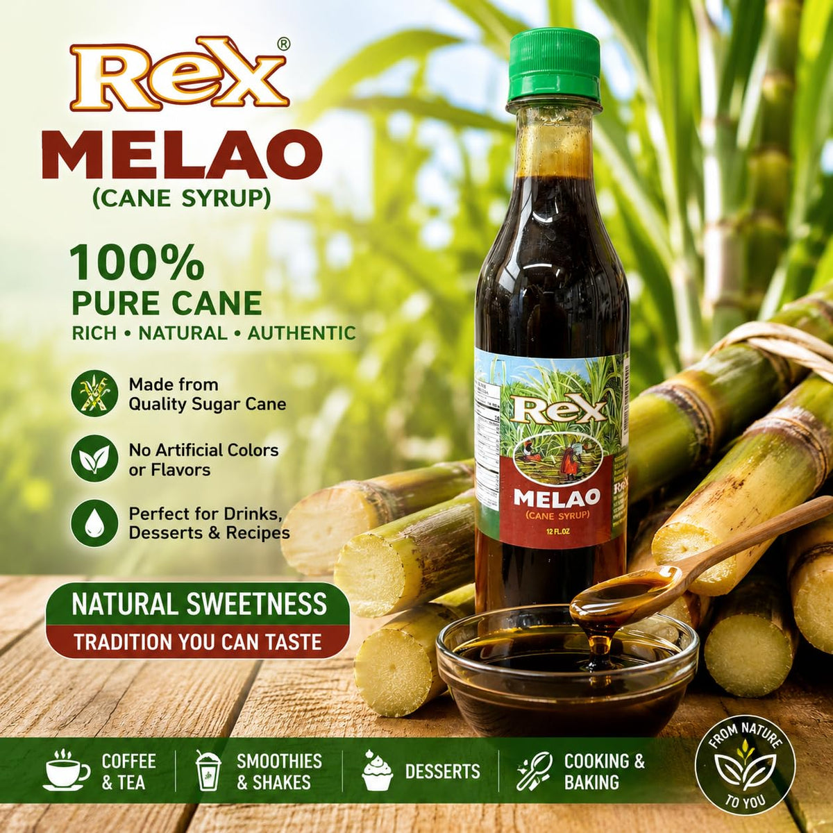 Melao Cane Syrup 12 FL OZ, Traditional Sugar Cane Syrup for Pancakes, Waffles, Coffee, Tea, Desserts