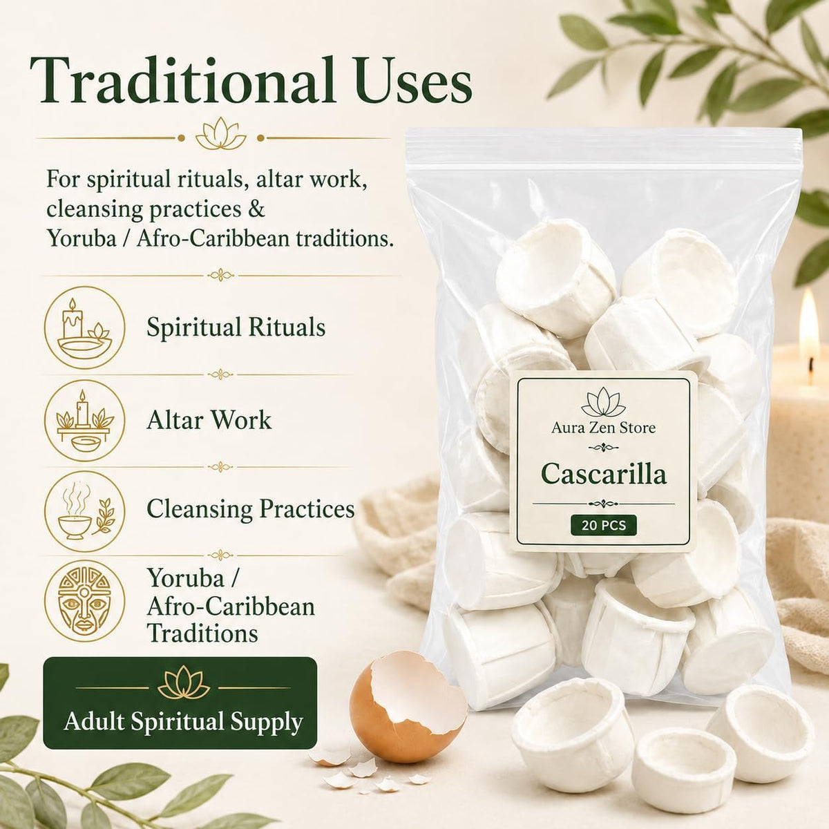 Cascarilla 20 PCS – Original Efun Spiritual Supply Made from Eggshell, Traditional Yoruba & Afro-Car