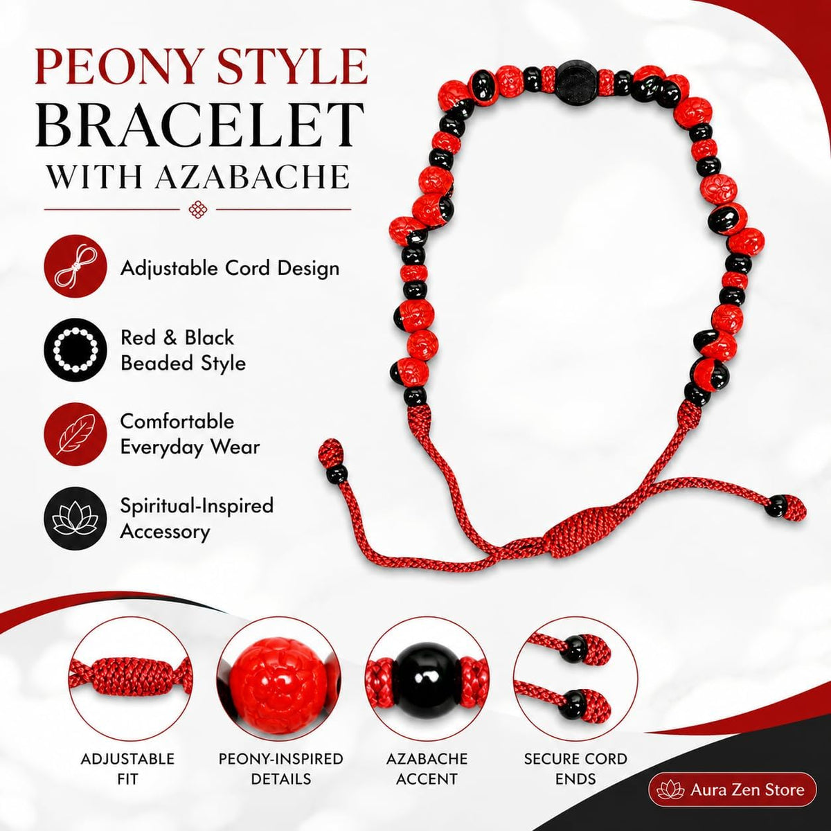 Peony Bracelet with Azabache Red Black Beaded Adjustable Bracelet Spiritual Protection Santeria Reli
