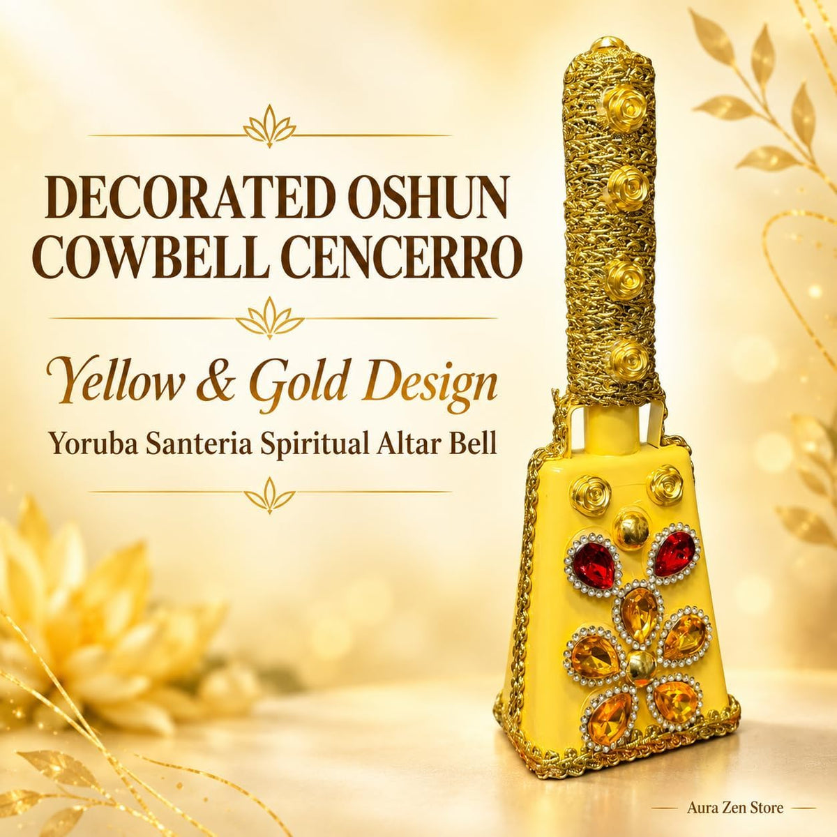 Decorated Oshun Cowbell Cencerro with Handle - Yellow and Gold Yoruba Santeria Spiritual Altar Bell