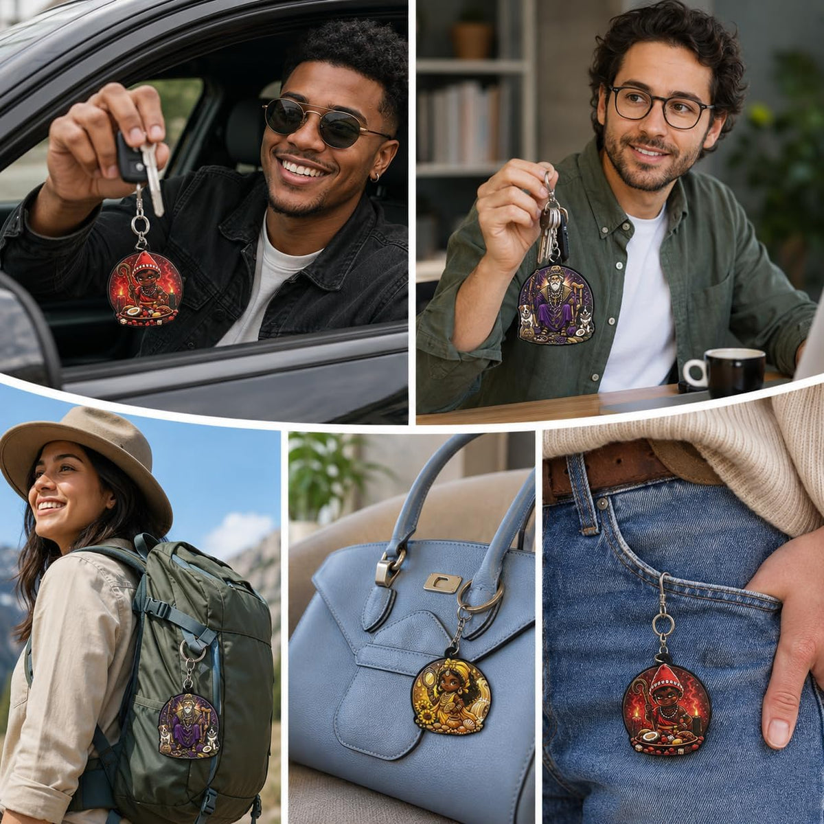 Elegua Keychain Spiritual Protection Amulet - Llavero Round Santeria Yoruba Religious Gift Key Ring 