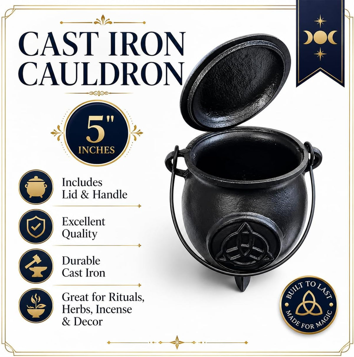 5" Cast Iron Cauldron with Lid and Handle | Ritual Cauldron for Altar, Incense, Charcoal, Herbs, Wit